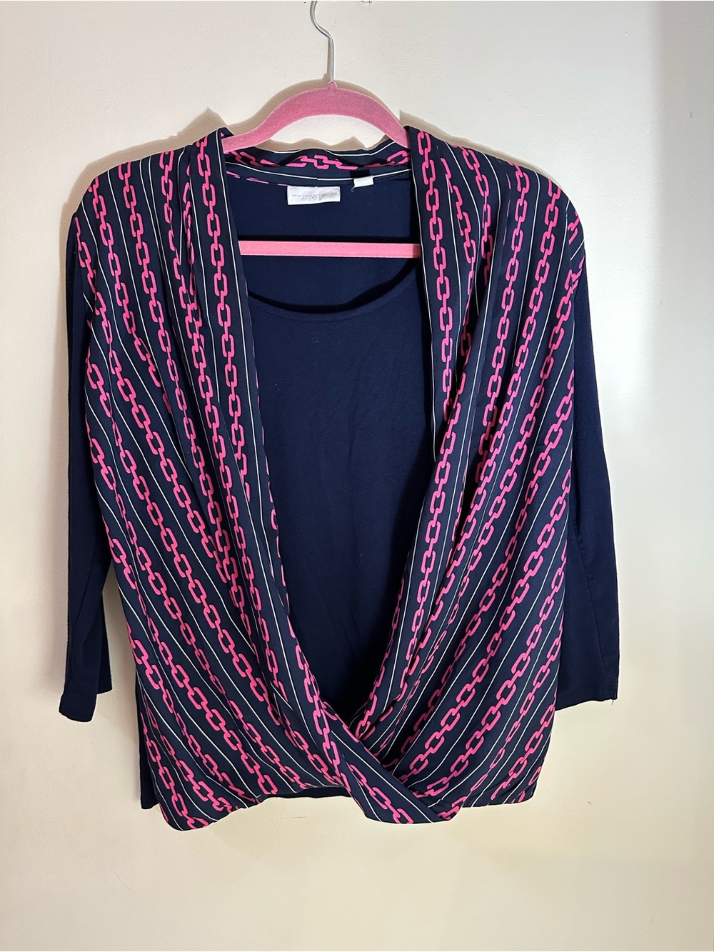 New York & Company Hot Pink and Navy Blouse with Chain-Print Overlay